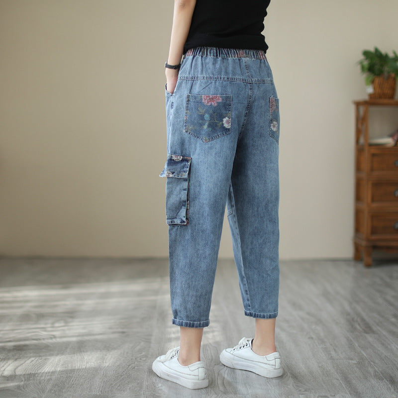 Ladies Vintage High Waist Casual Loose Printed Jeans