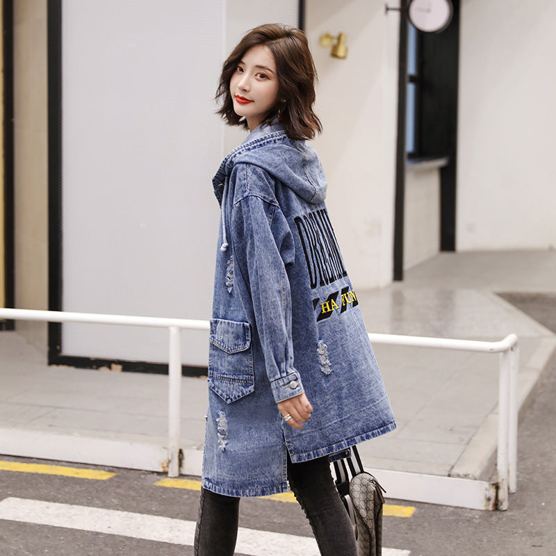 Letter Embroidered Hooded Western Style Denim Jacket