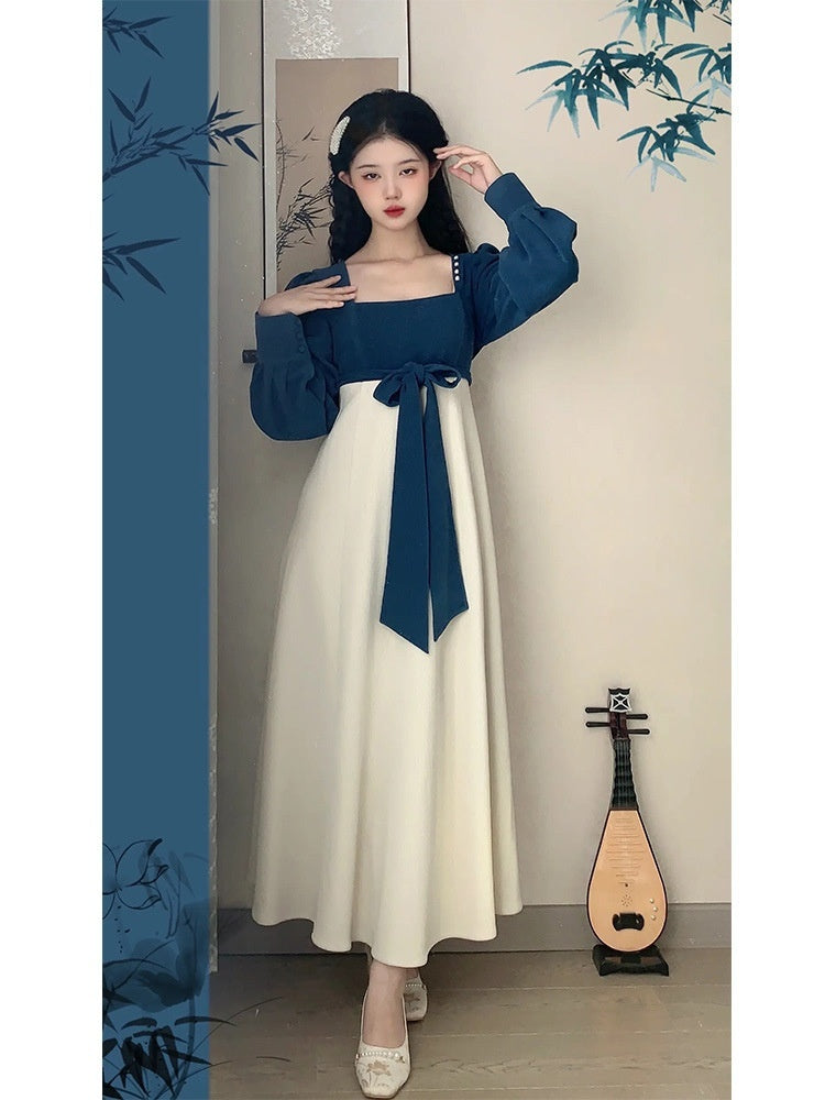 National Style New Chinese Style Spring And Autumn French Retro Elegant Slim Square Collar High Waist Skirt