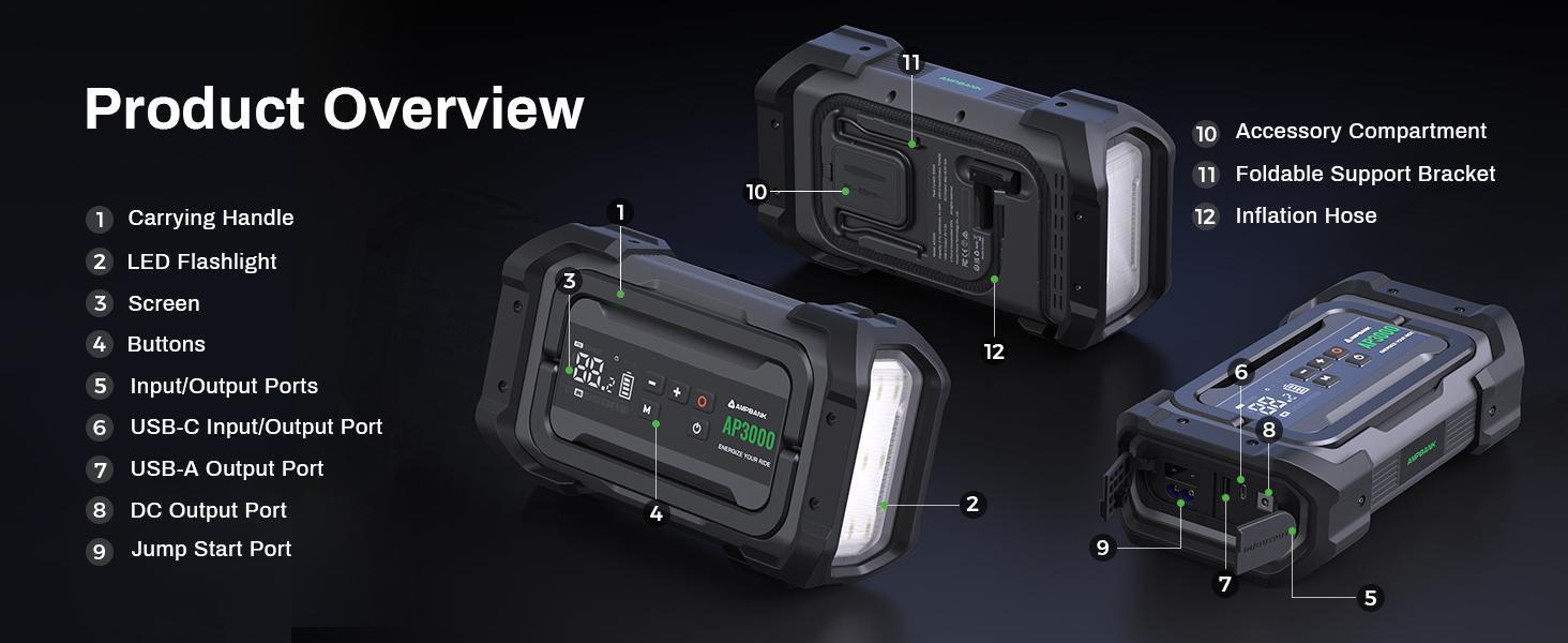 3000A Portable Car Emergency Starter Power Supply With Inflator Function 150PSI Digital Tire Inflator 12V Car Battery Charger With LED Lighting LCD Display