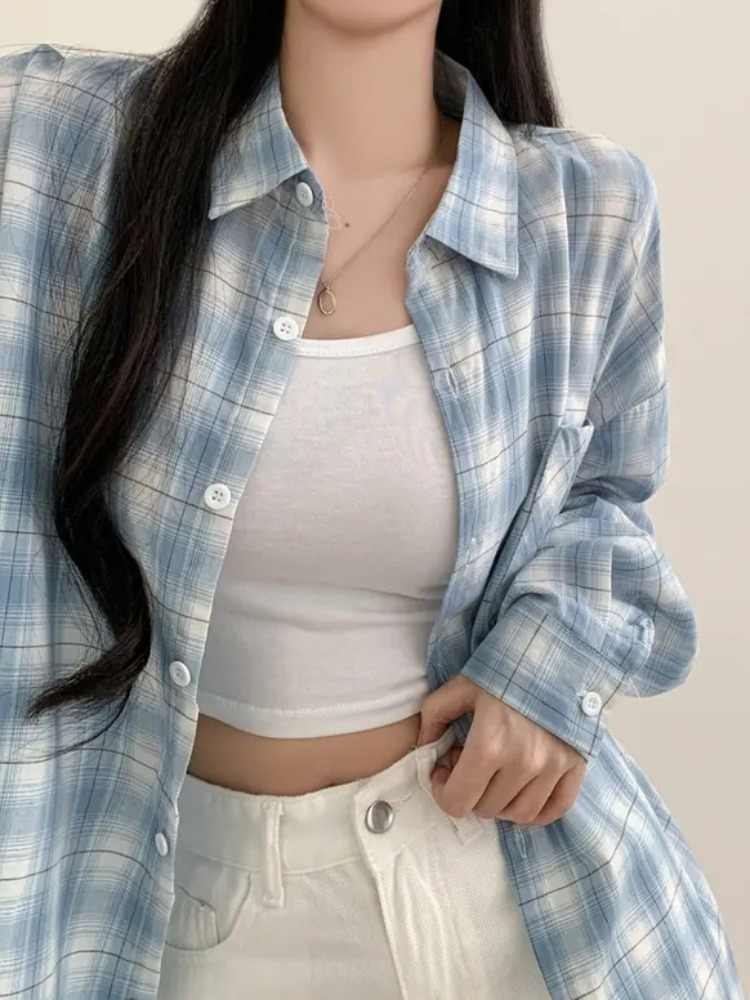 Blue Plaid Shirt For Women Loose Long Sleeve Jacket