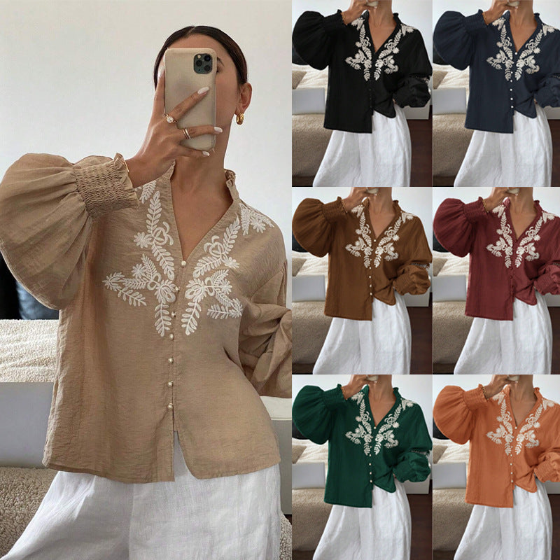 V-neck Machine Embroidery Pearl Single-breasted Lantern Long Sleeve Top