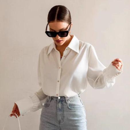 French Style White With Lapel Long Sleeve Shirt For Women