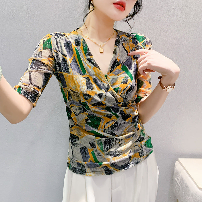 Casual Retro Standard Half Sleeve Regular V-neck All-match Bottoming Shirt