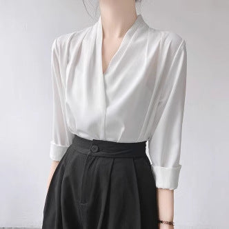 5 Spring And Autumn V-neck White Shirt Women's Long Sleeve