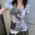 Stitching Fake Two-piece Personality Portrait Printing Short Sleeve