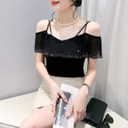 Mesh Hot Drilling V-neck Patchwork Top