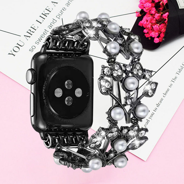 Pearl Diamond Leaf Smart Strap Watch Bracelet
