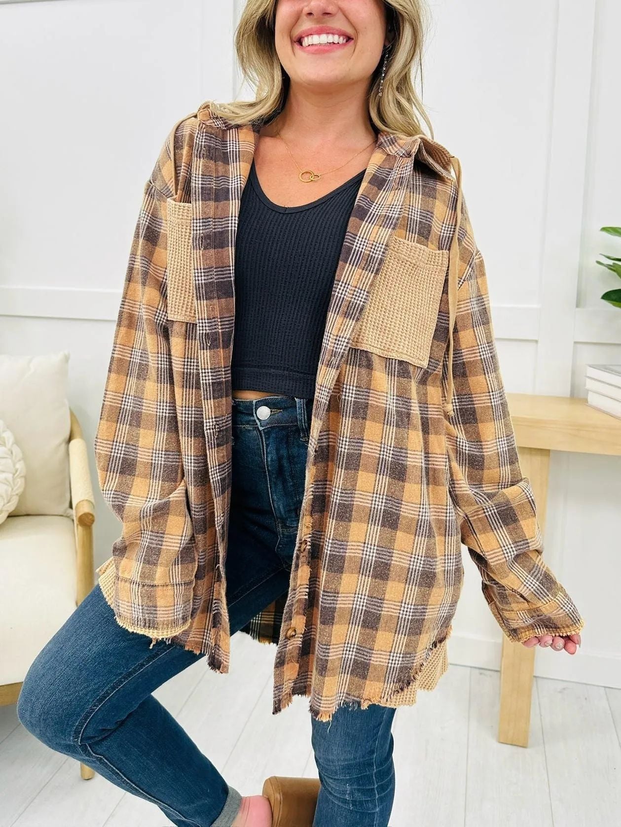Casual Fashion Waffle Stitching Plaid Hooded Shirt