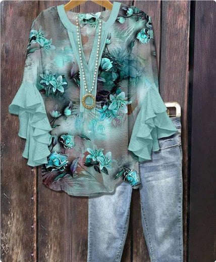 Women's Creative Printing Casual V-neck Lotus Sleeve T-shirt