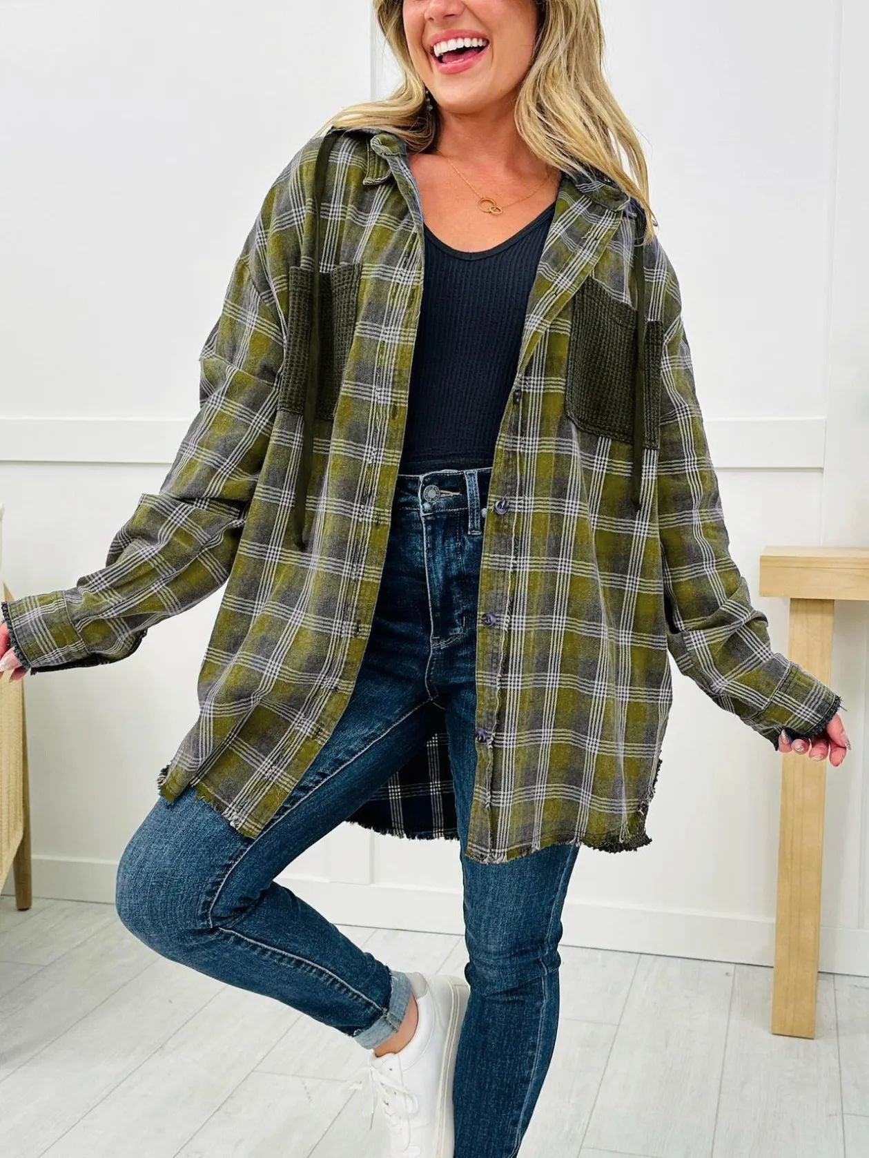 Casual Fashion Waffle Stitching Plaid Hooded Shirt