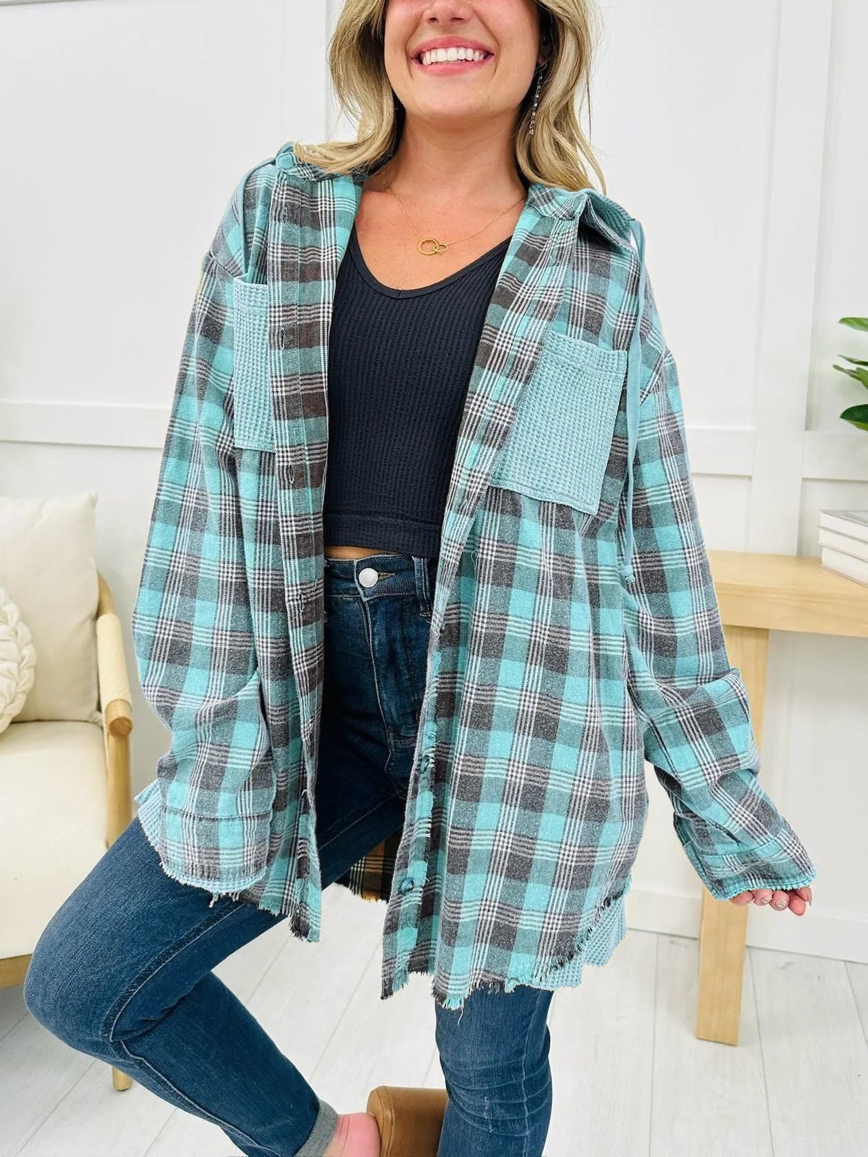 Casual Fashion Waffle Stitching Plaid Hooded Shirt