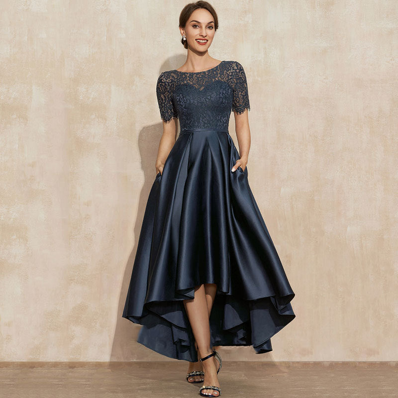 Navy Blue Satin Ball Lace Short Sleeve Dress
