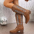 Embroidered Western Cowboy Pointed Toe Chunky Heel Knight Boots