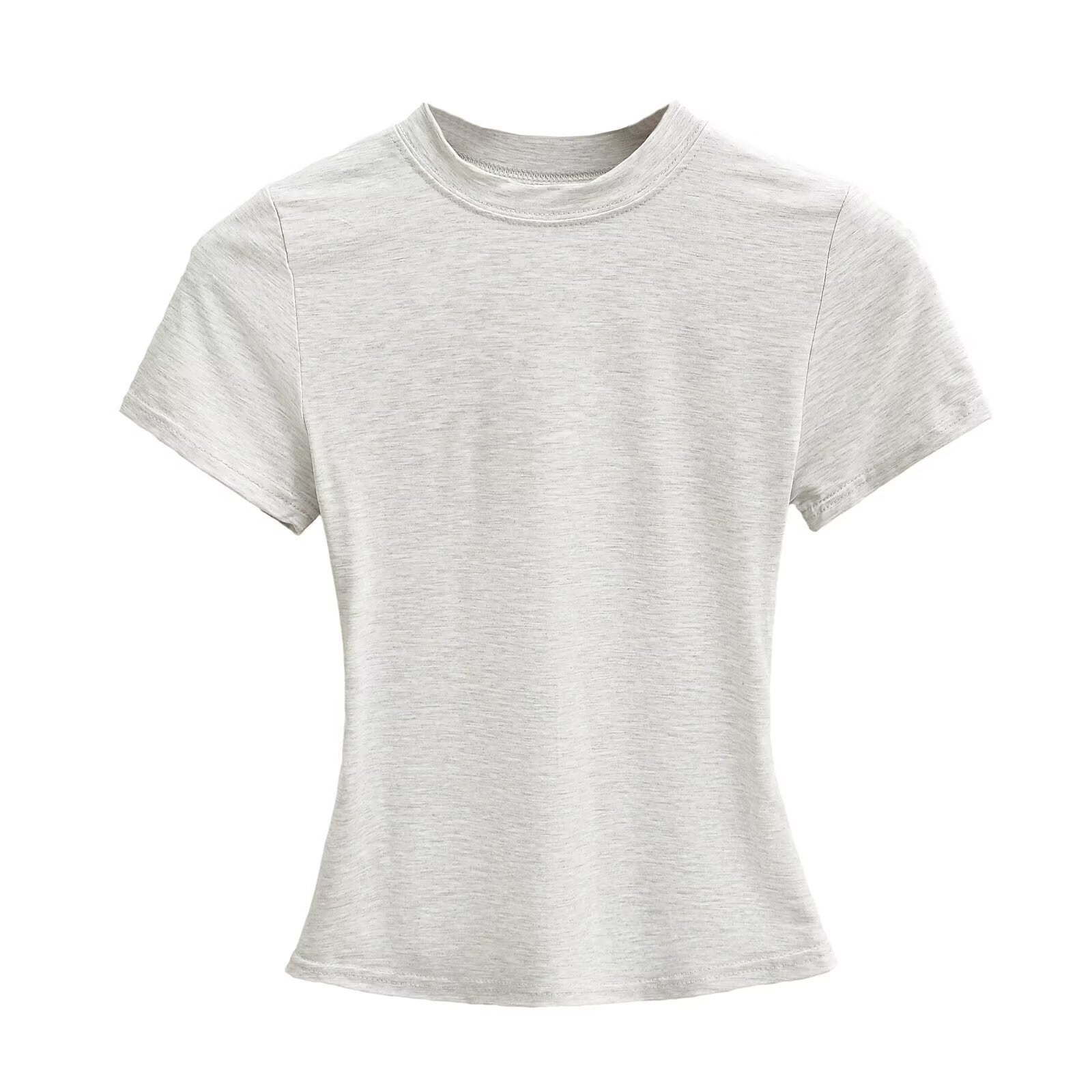 Solid Color Small Round Neck Elastic Shoulder Short Sleeve T-shirt Basic Style Waist-tight