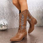 Embroidered Western Cowboy Pointed Toe Chunky Heel Knight Boots