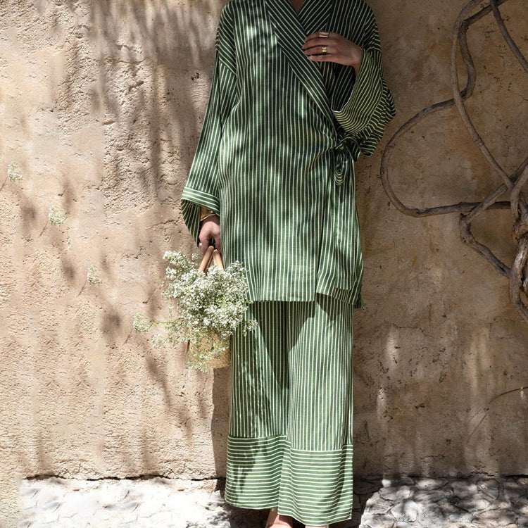 Casual Striped Cross Design Lace-up Long Sleeve Top Wide Leg Pants Two-piece Set